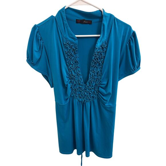 Heart & Soul Blue Ruffle Front Puff Sleeve Tunic Top 3X - Picture 2 of 8